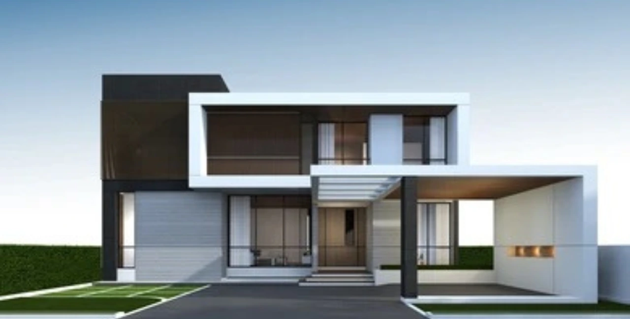 Rumah tropis modern dengan desain jendela besar yang cocok untuk iklim Indonesia.
